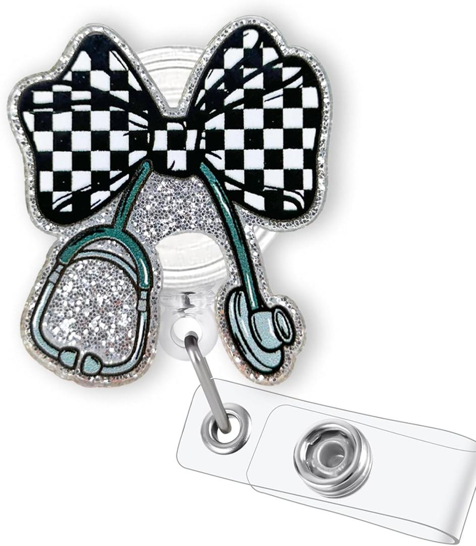 Checkered Bow Stethoscope Badge Reel Retractable for Nurse Nursing RN MA CNA LPN & Medical Worker, Cute Nurse Gifts, Glitter Black and White Checkered Coquette Bow Badge Holder with Alligator Clip