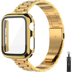 for Apple Watch Band Women 38mm 40mm 41mmm 42mm 44mm 45mm with Face Cover, Metal Stainless Steel for iwatch Band Series 9 8 7 6 5 4 3 2 1 SE. (Gold)
