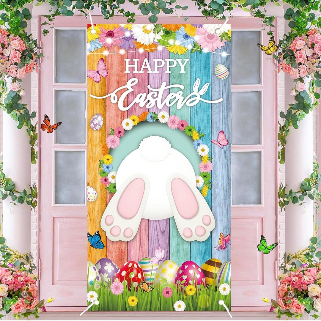 Happy Easter Door Cover Decorations 6x3ft Easter Party Decorations Backdrop Spring Eggs Bunny Flowers Hanging Banner for Indoor Outdoor Holy Sunday Party Supplies (bunny)