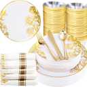 DaYammi 210Pcs White Gold Plastic Plates,Gold Disposable Dinnerware Set Includes 60 gold floral plates,30 plastic Silverware,30 Per Rolled Napkins,30 Plastic Cups for Party Wedding Birthday