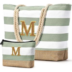 Becokan Beach Bag Initial Beach Tote with Makeup Bag for Travel Work Storage Personalized Birthday Gifts for Women Her (Light Green)