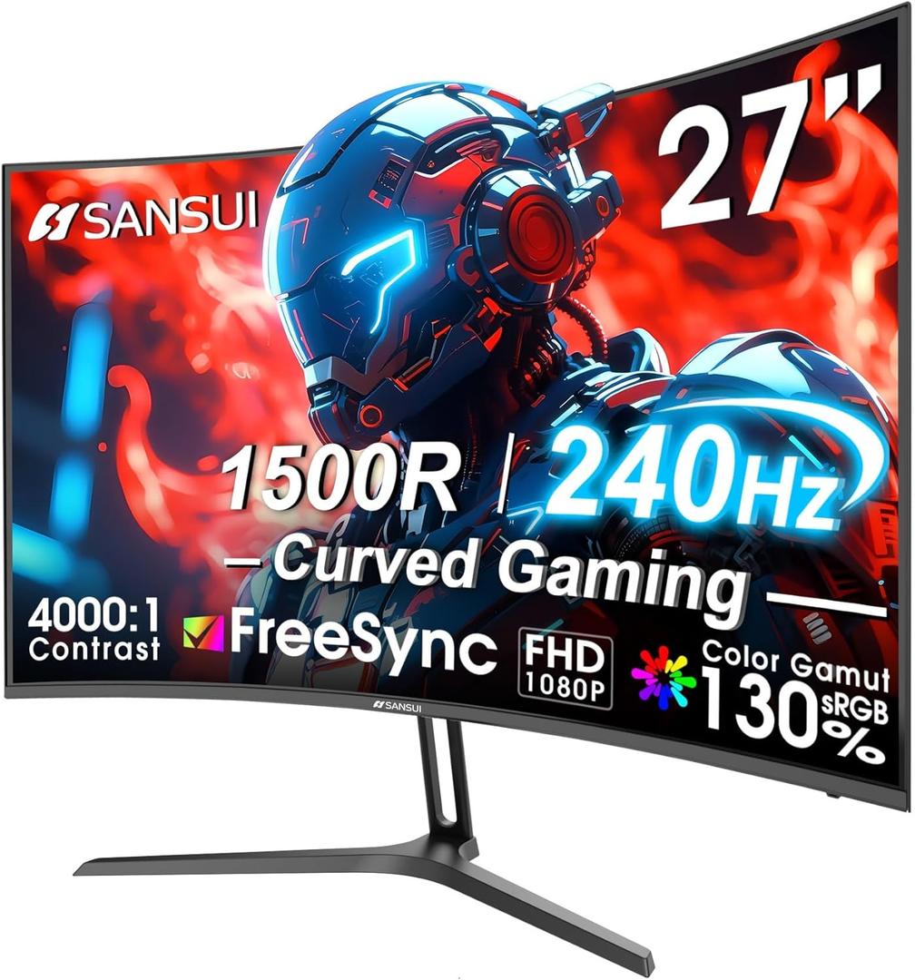 SANSUI 27 Inch Curved 240Hz Gaming Monitor FHD 1080P, 1500R Curve Computer Monitor, 130% sRGB, 4000:1 Contrast, HDR, FreeSync, MPRT 1Ms, Low Blue Light, HDMI DP Ports, Metal Stand, DP Cable Incl (Black)