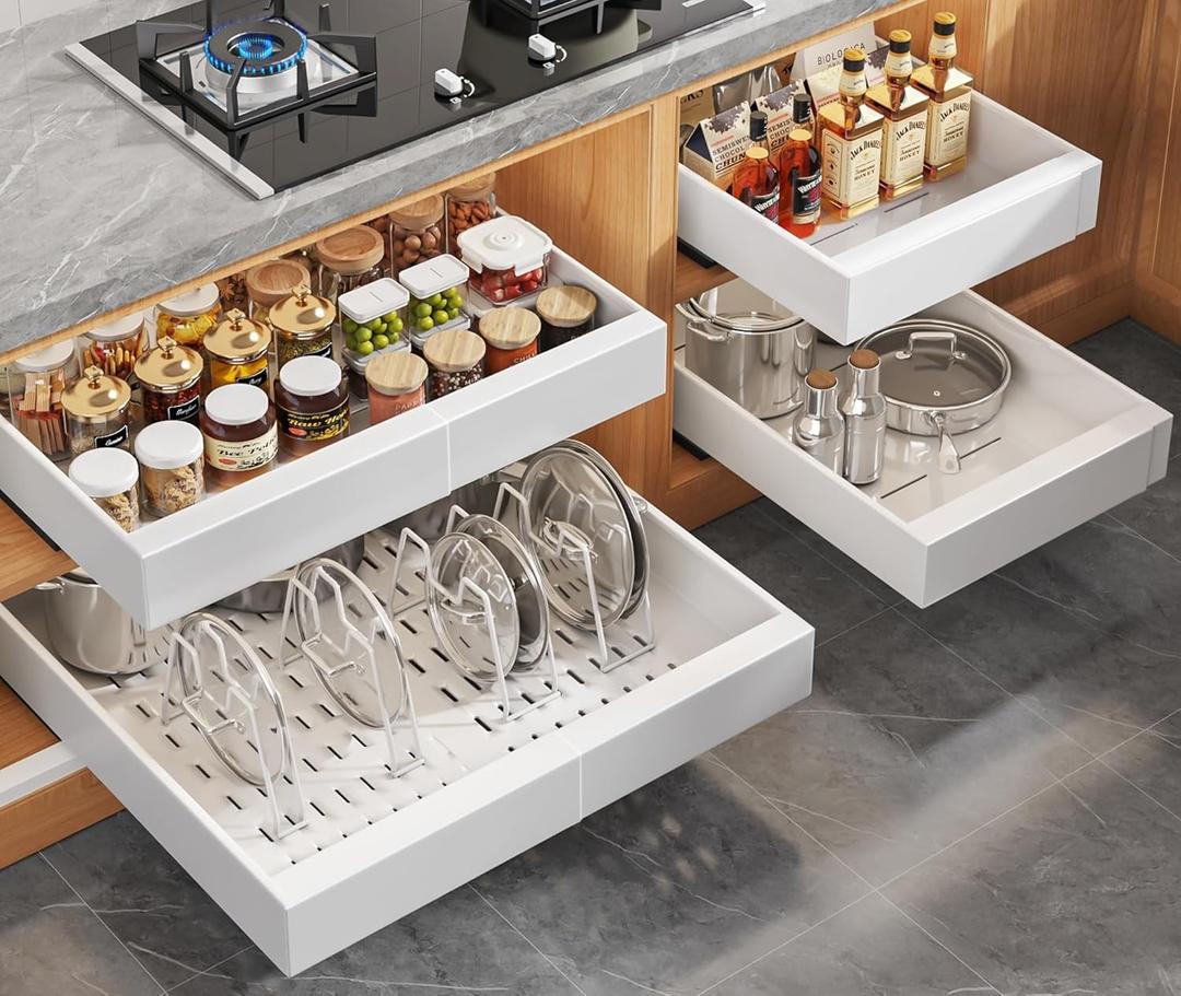 4Pack Expandable Pull Out Cabinet Organizer 21"Deep with Raising Pad for Framed Cabinets, Slide Out Drawers with 4pcs Divider Racks, Roll Out Shelves Adhesive, Adjustable Width 12.05"-20.4"White