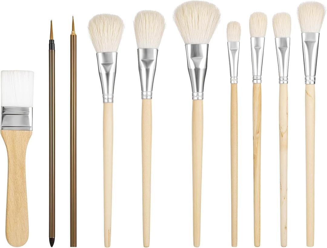 10 Pcs Pottery Glazing Brushes Pottery Glaze Brushes Ceramic Brush Set Goat Hair Mop and Blending Brush for Ceramics Acrylic Painting Clay Essential Ceramics Tools and Supplies