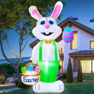 TURNMEON 8 Feet Giant Bunny Easter Inflatables Outdoor Decoration, Lighted Blow up Rabbit Holds Easter Eggs Basket with Tether Stakes LED Light Easter Decor Home Yard Lawn Garden Party Easter Egg Hunt