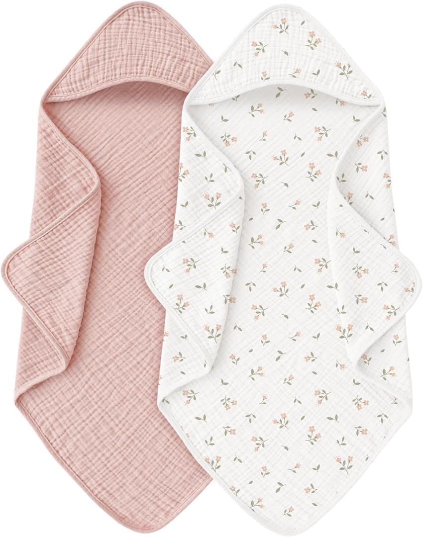Muslin Baby Towels with Hood for Newborn 100% Cotton Baby Bath Towels Soft & Absorbent Hooded Baby Towel for Boys and Girls, Large Size - 32 * 32 Inches (Pink Blossom)