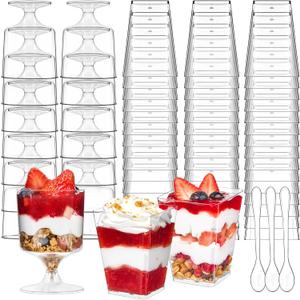 300 Pcs Mini Plastic Dessert Cups with Spoons | Serves 150 | 5 OZ Goblets and Square Dessert Shooters | Small Valentine's Day Party Serving Cups for Parfait, Appetizers, Dessert Shot Glasses Set