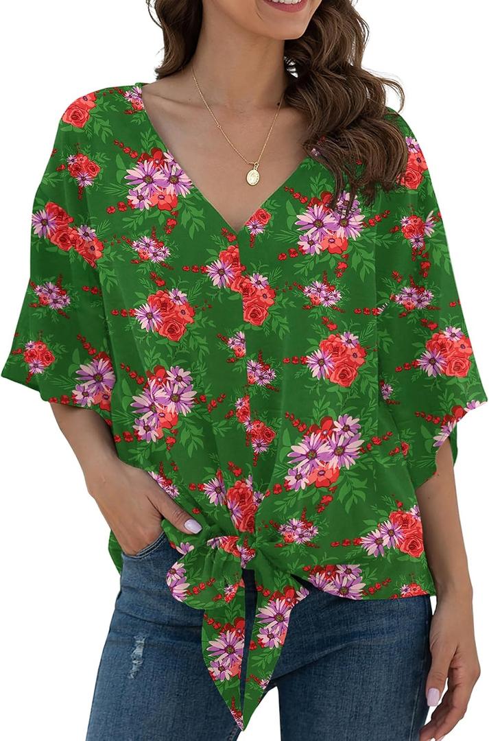 VIISHOW Womens Tie Front Chiffon Blouses V Neck Batwing Short Sleeve Summer Tops Shirts (Green, XL)
