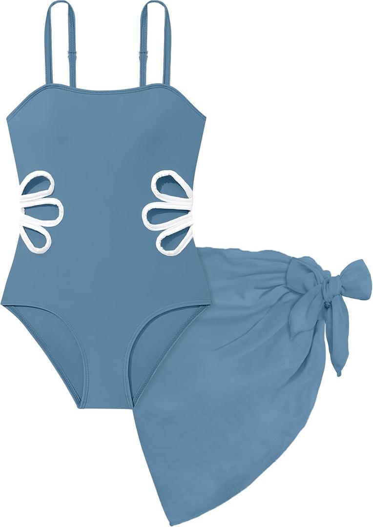 Girls Swimsuit Adjustable Straps Cut Out One Piece Bathing Suit with Solid Color Cover Up Skirt Girls' Swimwear 5-16Y (9-10 Years, Grey Blue)