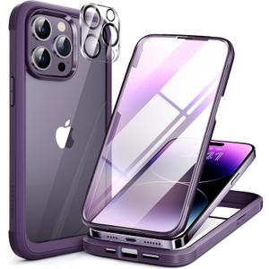 Miracase Glass Series Designed for iPhone 14 Pro Max Case 6.7 Inch, Upgrade Full-Body Bumper Case with Built-in 9H Tempered Glass Screen Protector, with Camera Lens Protector, Dark Purple