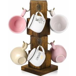 Coffee Mug Holder, Wood Coffee Cup Holder Rack for Counter, Mug Tree Stand with 8 Hooks for Kitchen, Bar