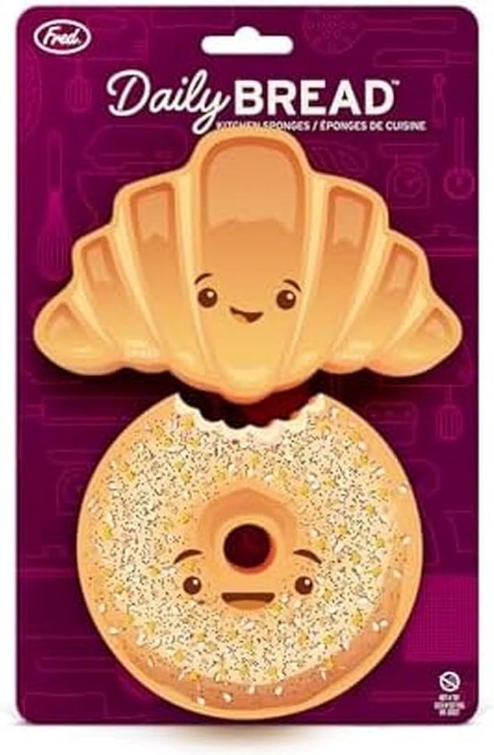 2 x Genuine Fred Daily Bread Kitchen Sponges, Set of 2, Croissant and Bagel Inspired Sponges, Fun and Quirky Kitchen Accessory