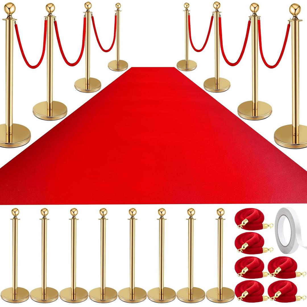Pelopy 16 Pcs Stanchion Posts Queue Crowd Control Stanchion Velvet Ropes Carpet Set, 38 in Post Sand Injection Hollow Base with Rope for Party Museum (32 ft Carpet,Gold,Red)
