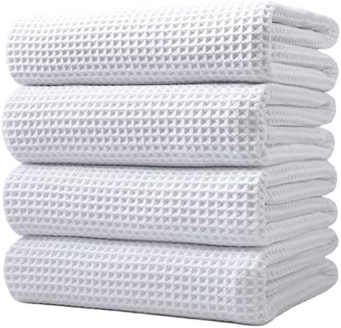POLYTE Microfiber Oversize Quick Dry Lint Free Bath Towel, 60 x 30 in, 3 Pack (White, Waffle Weave)