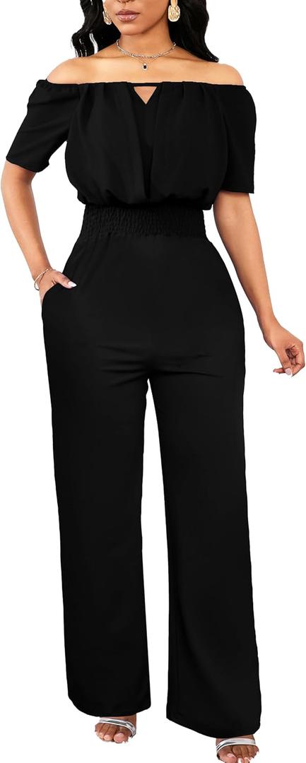 Sexy Jumpsuits for Women Elegant Off The Shoulder Business Long Straight Pants Party Jumpsuit (Medium, Black)