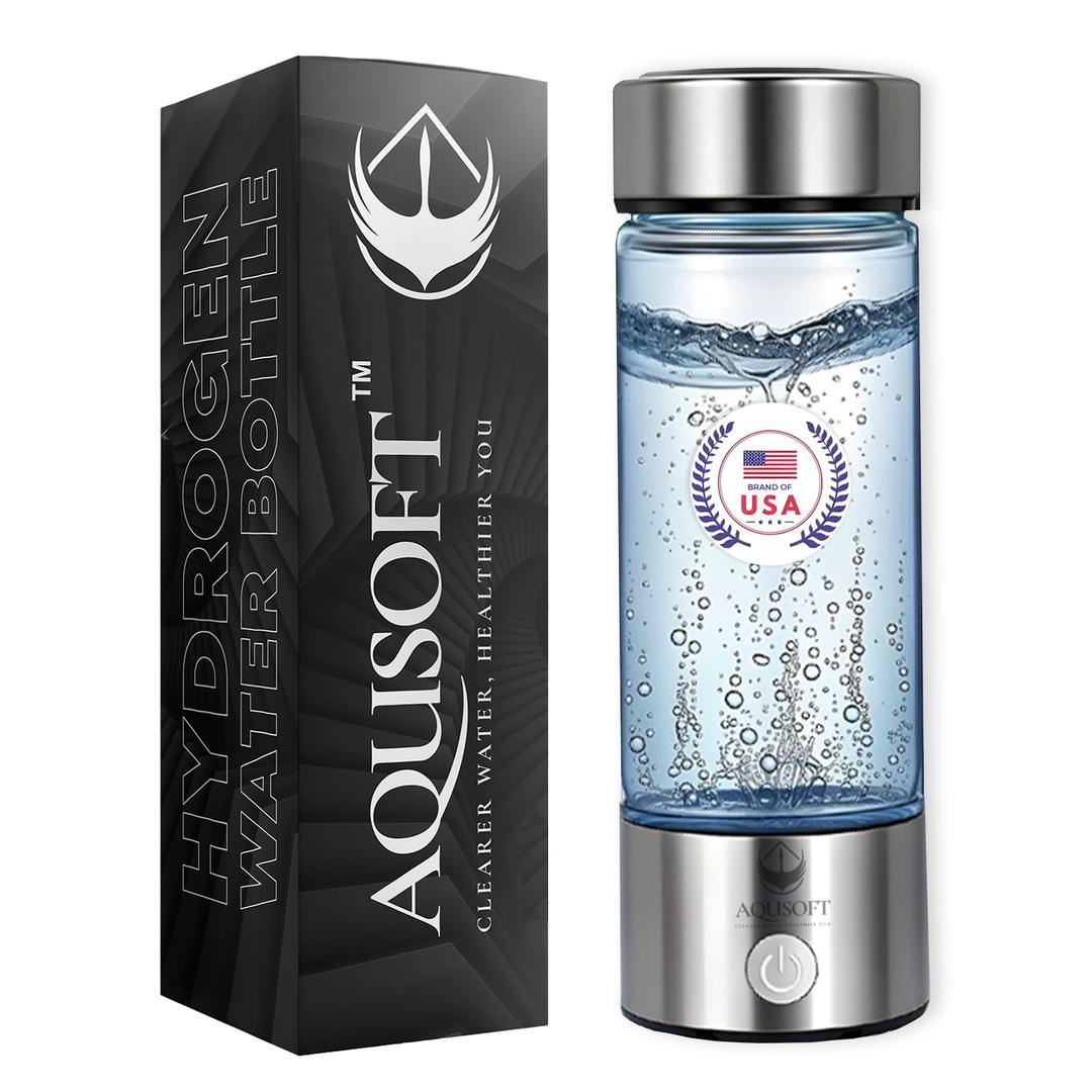 AQUSOFT 14.2 oz/420ml Portable Hydrogen Water Bottle with SPE-PEM Technology Type-C USB Rechargeable Hydrogen Water in 3 Minutes | Borosilicate Glass Hydrogen Water Ionizer Cup | 2-in-1 Usage Modes