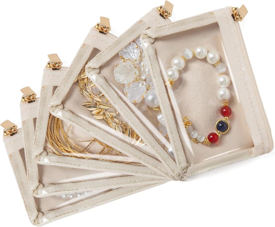 3 x 6 Pcs Travel Jewelry Bags for Women Girl, Velvet Jewelry Pouch, Small Clear Jewelry Bag, Zippered Jewelry Organizer, Luxury Jewelry Gift Bags (Beige)