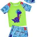 Toddler Boys Dinosaur Rashguard Swimsuit - Kids Short Sleeve Shirt Trunks Swimwear Bathing Suit with Hat 3Pcs Sets(Green, 100, 1263b) (Green)