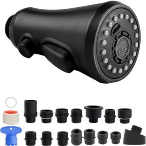 Hibbent Pull Down Spray Head, 3-Function Spray Nozzle with 15 Adapters, Kitchen Sink Faucet Head Replacement Compatible with Moen, American Standard, Delta, Kohler Faucets, Matte Black