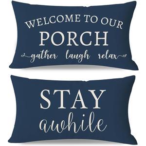 PANDICORN Welcome to Our Porch Stay Awhile Blue Outdoor Farmhouse Lumbar Decorative Throw Pillow Covers 12x20 Inch Set of 2 Cozy Relax Porch Patio Spring Winter Decoration for Home Couch Bench Decor