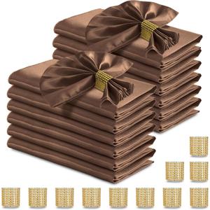 RUDONG M 100 Pcs Chocolate Brown Satin Napkins and Napkin Rings Set, 17 x 17 Inch Square Cloth Napkins Set of 50, Silky Soft Table Napkins Bulk for Weddings, Banquet, Parties Dinner Decoration