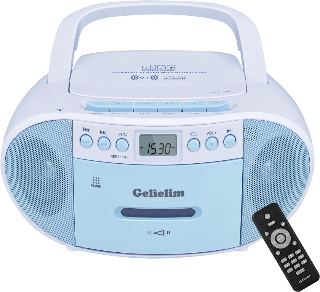 Gelielim Boombox CD and Cassette Player Combo, Boom Box Portable CD Players for Home with Bluetooth, AM FM Radio, Support Remote Control/AUX/USB/Earphone, AC/Battery Operated, LCD Display (Blue)