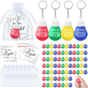 Aurelema 60 Sets Easter Religious Jesus Gifts Bulk Jesus Loves You Light Bulb Shaped Stress Ball Keychains with Christian Cards Organza Bags for Church Prizes Easter Egg Fillers