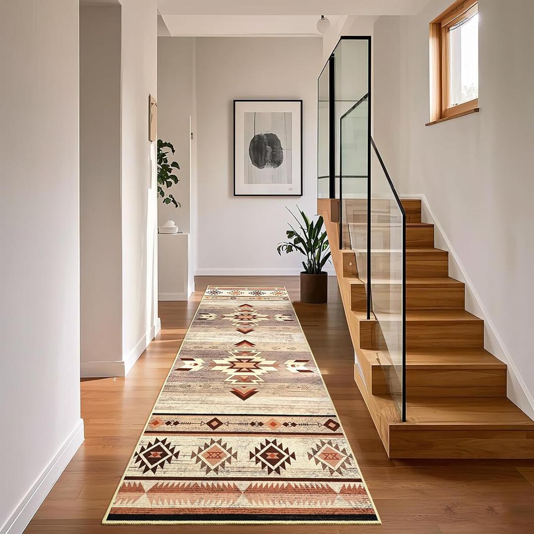 Hallway Runner Rug 2 x 8, Non-Slip Western Runners for Bedroom Kitchen, Accent and Tribal Style Long Rugs Washable, Warm Beige