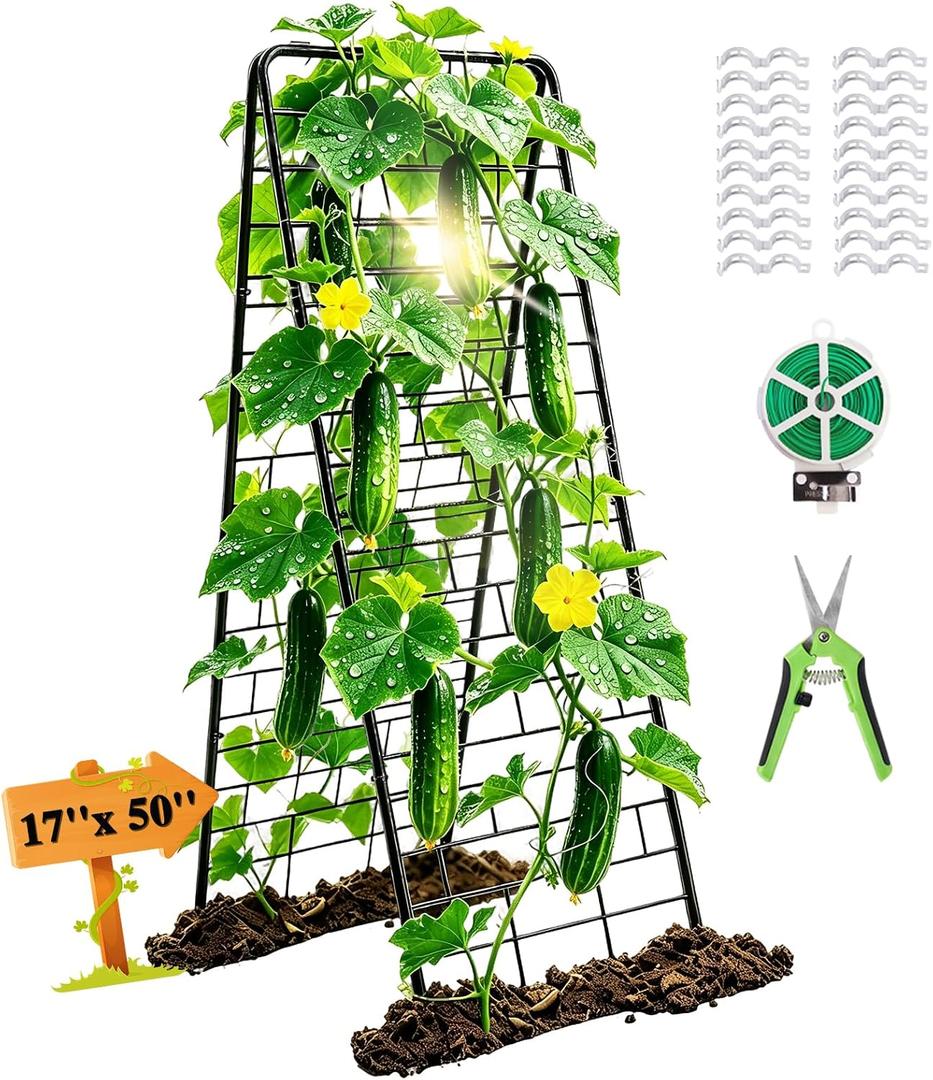 50"x17" A-Frame Cucumber Trellis for Raised Bed, Heavy Duty All-Metal Support for Climbing Plants, Cucumbers, Tomatoes & Beans, Easy Assembly, with Bonus Shears & Accessories, 1 Pack, Black, YOBAZAN