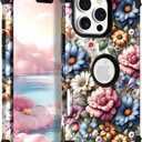 TEECOVER for iPhone 16 Pro Case, Heavy-Duty Shockproof Full Protection Hard Plastic Bumper + Soft Silicone Rubber Protective Case for iPhone 16 Pro - 6.3-Inch, Pink/Blue Flowers