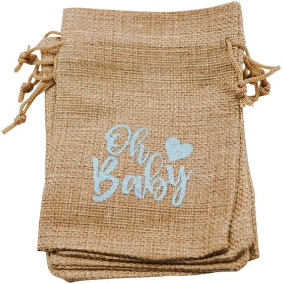 Lassos Boutique 24 Piece Baby Shower Favors Oh Baby Printed 4"x6" Burlap Favor Bag Neutral Gender Reveal Prizes Games for Boy Girl, Jute Gift Pouch, Blue Print