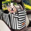 Dog Car Seat for Small Dogs Under 15 lbs – Center Console Pet Carrier with Safety Belt, Storage Pockets, Removable Washable Cover – B&W Stripes, Secure & Comfortable for Small Puppies/Cats