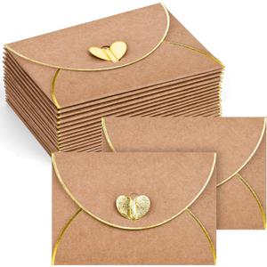 JOHOUSE 50PCS Mini Gift Card Envelopes, 4 x 3 Inch Brown Gift Card Holders with Gold Border & Heart Clasp, for Valentine's Day Gifts, Thank You Cards, Wedding, Birthday, Business Cards