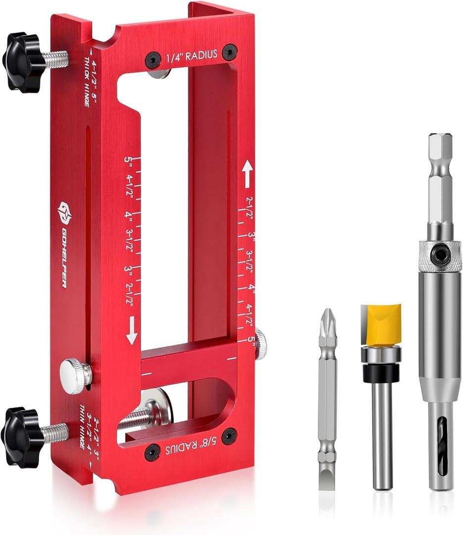 Door Hinge Jig, Aluminum Alloy Door Hinge Template Kit for Router, Adjustable Mortise Jig Fits Door Hinges from 2.5" to 5" Length and Thicknesses, 1/4" Radius, 5/8" Radius and Square Corner Types (Red)