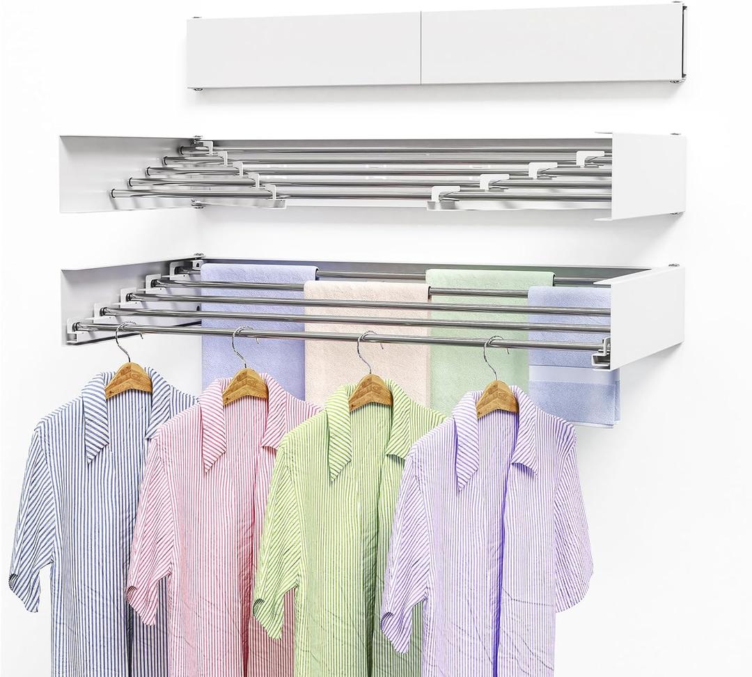 Wall Mounted Clothes Drying Rack 40 Inch, Foldable Wall Mount Laundry Rack Folding Indoor, Clothing Drying Rack Collapsible, Hidden Space Saver with Wall Template, 5 Rods, 60 lb Capacity (White)