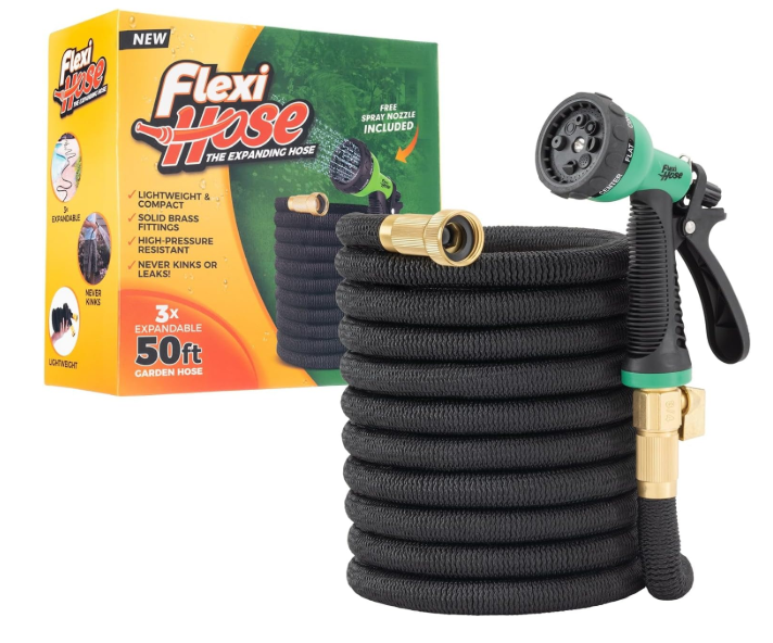Flexi Hose with 8 Function Nozzle, 50FT  Lightweight Expandable Garden Hose, NoKink Flexibility, 3/4 Inch Solid Brass Fittings and Double Latex Core  Green