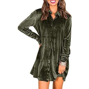 Caitefaso Womens Velvet Button Down T Shirts Swing Mini Dress Casual Long Sleeves Lapel Tunic Tops Medium