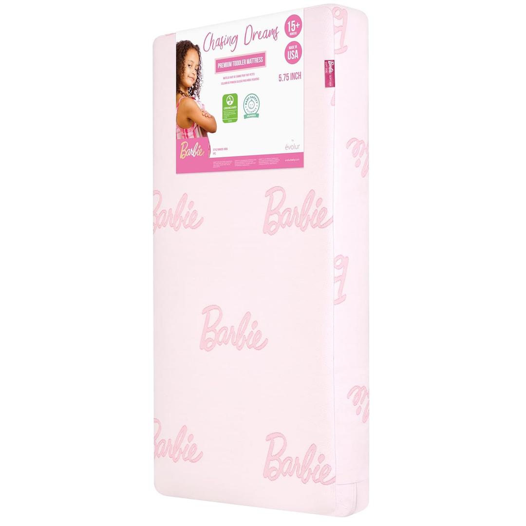 Evolur Barbie Chasing Dreams GREENGUARD Gold & BSA Certified Crib and Toddler Mattress, Dual-Sided Infant & Toddler Support Water-Resistant & Flame-Retardant - Pink