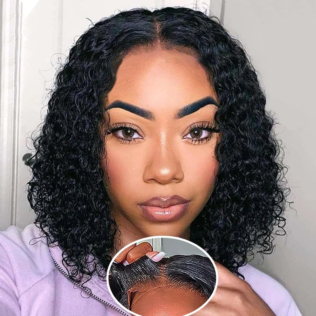 Glueless Wigs Human Hair Pre Plucked Pre Cut Wear and Go Glue less Wig for Beginners Bob Wig Human Hair 180% Density Deep Wave Curly Lace Front Wig 12 Inches Natural Black