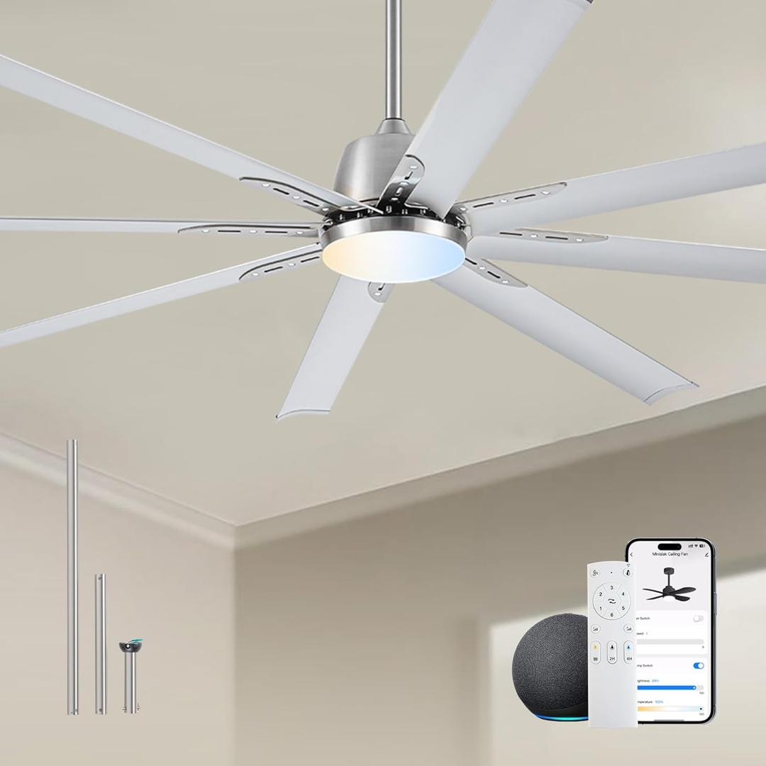 72 lnch lndustrial Smart Celing Fan with Light and Remote Control via WIFI Alexa,Large Celing Fan with 8 Brushed Nickel Aluminum Blades,6 Speed Noiseless DC Motor Indoor Outdoor Ceiling Fans for Patio