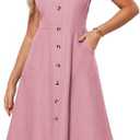 GRACE KARIN Women's Summer Dress 2025 Casual Square Neck Flattering A-Line Button Down Midi Tank Sundress with Pockets, L