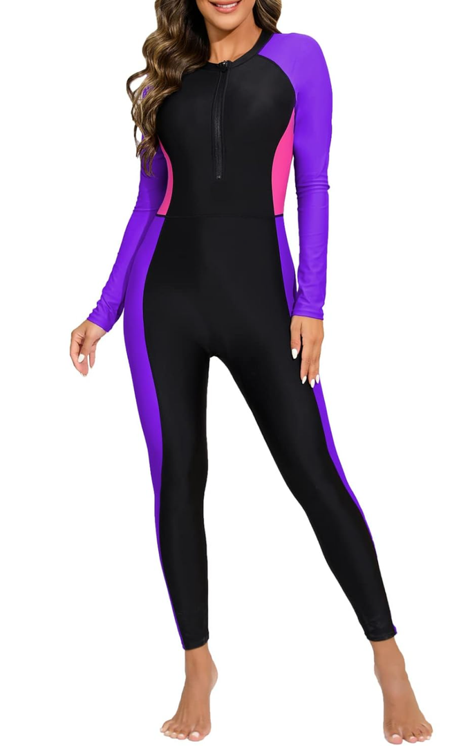Womens Full Body Zip Front Rash Guard Long Sleeve One Piece Bathing Suit with Built in Bra UPF50+ Surf Swimsuit, size Medium
