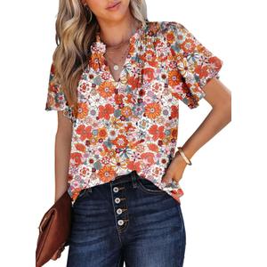 5X SHEWIN Women's Casual V Neck Floral Print Smocked Short Sleeve Chiffon Blouses Bohemian Top Shirts, XL