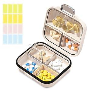 Travel Pill Organizer Box with Labels, 7 Compartments Portable Mini Pill Case, Daily Medication Organizer Storage Pill Container for Pocket Pharmacy(Pearly White, S)