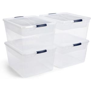 Rubbermaid Cleverstore 74 Qt Clear Storage Bins with Latching Lids and Nesting Tray, 4-Pack, Stackable, BPA-Free, Made in USA
