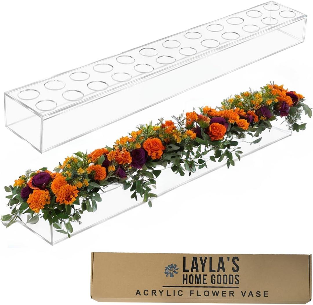 Acrylic Flower Vase Rectangular, Clear Floral Centerpiece for Dining Table 24 Inch Long Rectangle Acrylic Vase for Home Wedding Dining Table Decor (24 Holes)