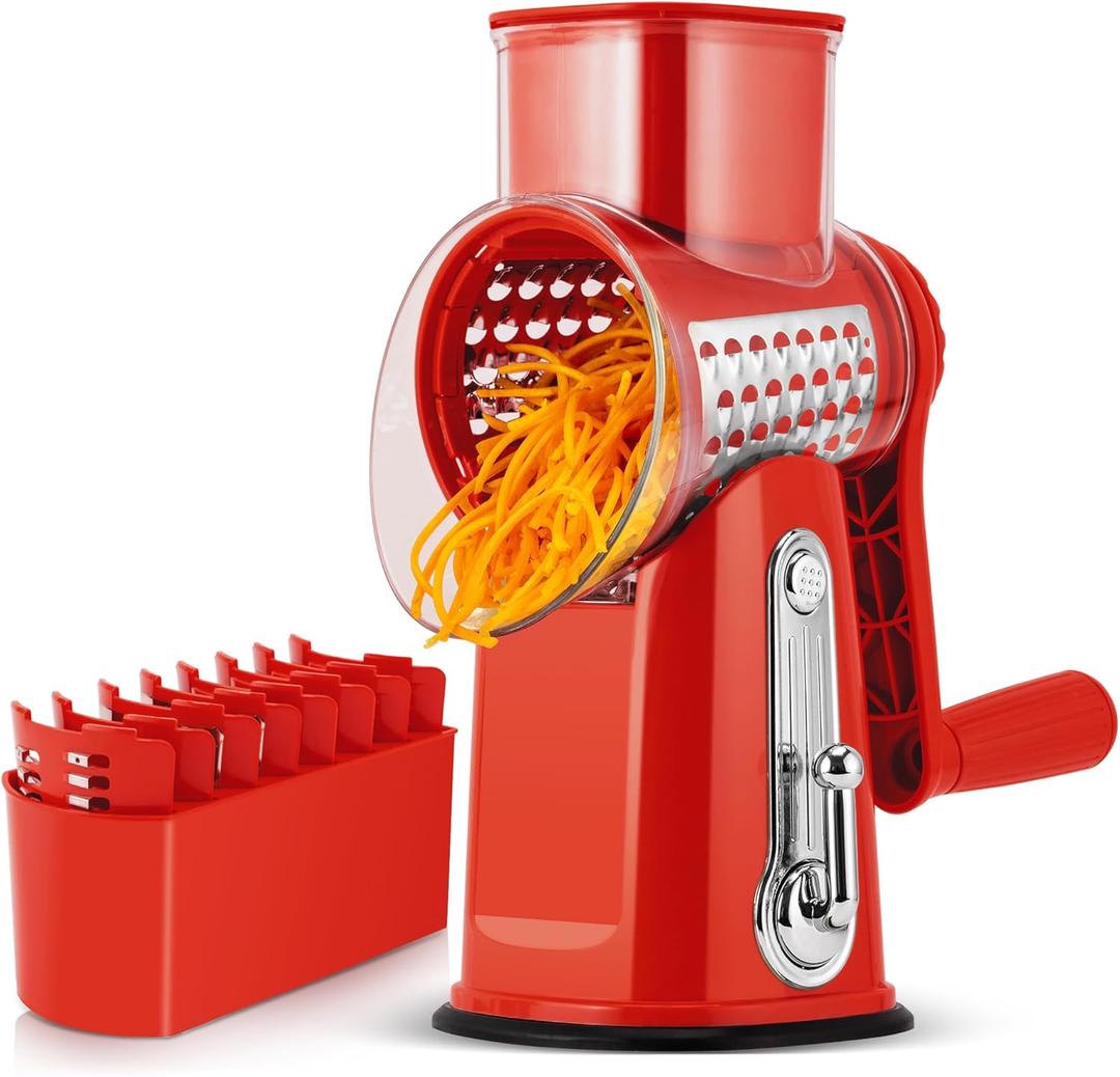 SUSTEAS Rotary Cheese Grater with Handle - Vegetable Shredder with 5 Well-designed Blades & Strong Suction Base,Round Mandoline Slicer & Food Chopper for Kitchen,with Blade Storage Box(Red)