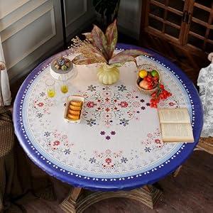 Artbloss Round Fitted Tablecloth with Elastic Moroccan Waterproof Oli Proof Table Cover Blue Printed Wipeable Vinyl Table Protector for Home Picnic Outdoor (Navy Blue, 46"-55" Round Tight Fit)