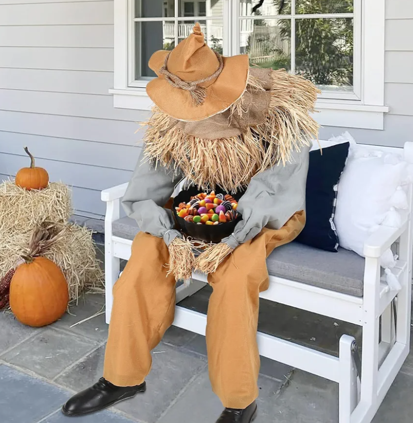 Halloween Decorations- 4Ft Scary Sitting Scarecrow with Spooky Sound Glowing Eyes, Animatronic Scary Props Decor for Home Party Indoor Porch Yard Decoration