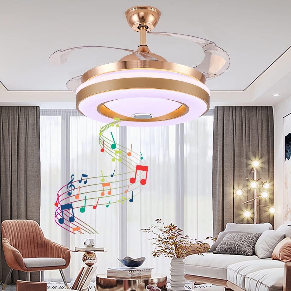 Fandian 42" Smart Ceiling Fans with Lights Remote Control Modern Retractable Bluetooth Speaker Ceiling Fandelier with 7 Dimmable Lighting Colors for Indoor Living/Bedroom